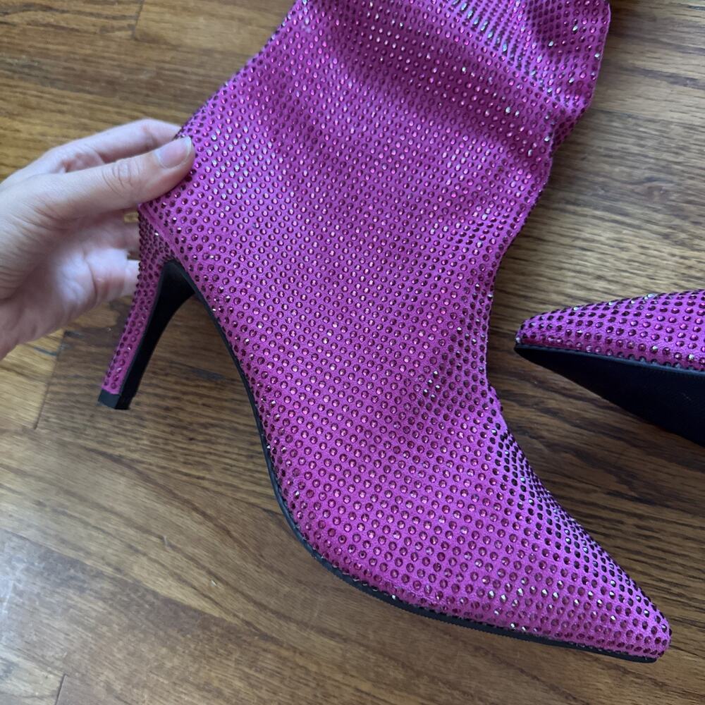 Torrid 9,5WW Wide Sexy Hot Pink Rhinestone Studded Slouchy 3.5" Heel Knee Boots - Picture 3 of 13